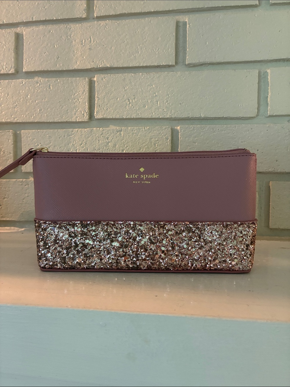 Kate Spade Little Shiloh Dusty Rose Pink Glitter Cosmetic Bag